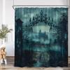 JY01Haunted House Scary Night Shower Curtain Full Moon Gothic Castle Pumpkin Lantern Spooky Bathroom Decor Halloween Bath Curt@1