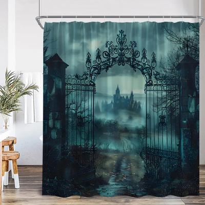 JY01Maison Hantée Nuit Effrayante Rideau de Douche Pleine Lune Château Gothique Lanterne Citrouille Décor de Salle de Bain Effrayant Halloween Rideau de Bain@1