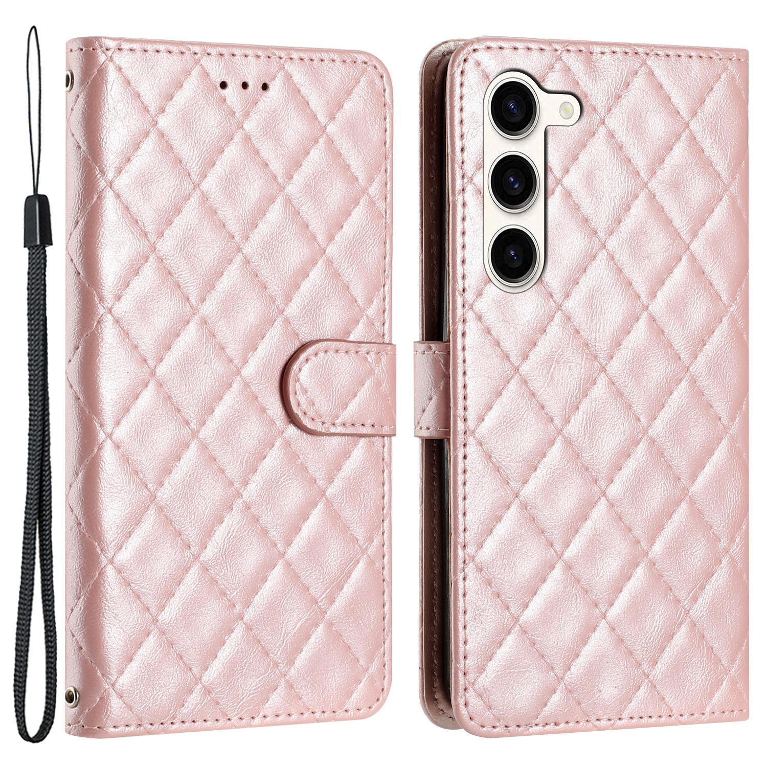 

For Samsung Galaxy S23 Wrist Strap Phone Case Stitching Line Rhombus Wallet Stand Cell Phone Cover Rose Gold