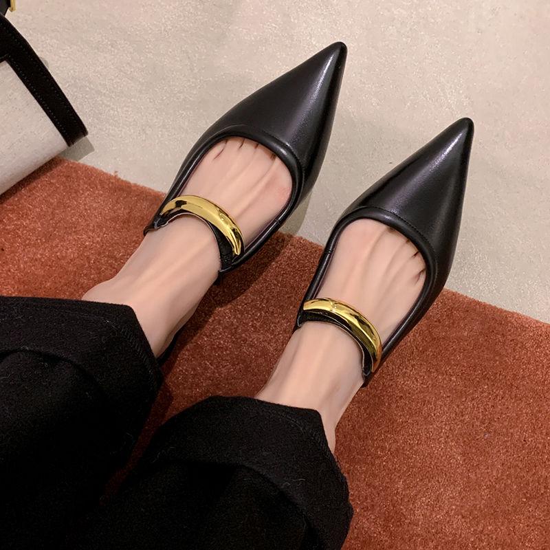 Fashion Size 34-40 Women Genuine Leather Mules Slippers Pointed Toe 2025 Summer Sandals Fashion Beige Ladies Casual Med Heels Shoes