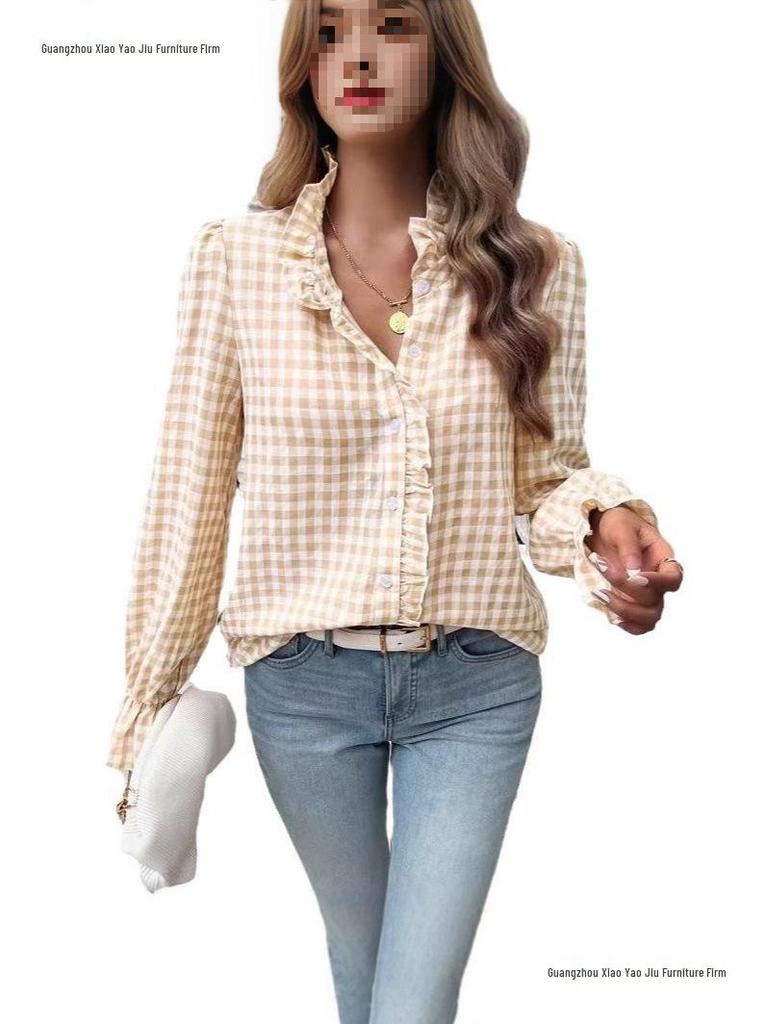 2026 Spring French Ruffle Plaid Women's Shirt - New Arrival
