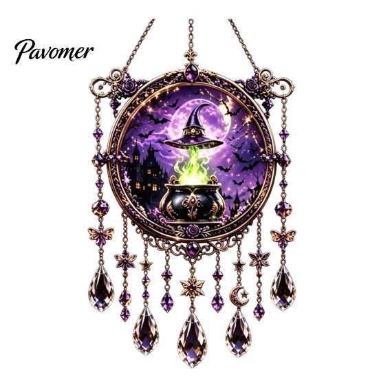 Elegant Craft Gifts Halloween Crystal Window Suncatcher, Acrylic Witch Hanging Wind Chime, Decorative Courtyard Ornaments Ornament for Indoor Outdoor