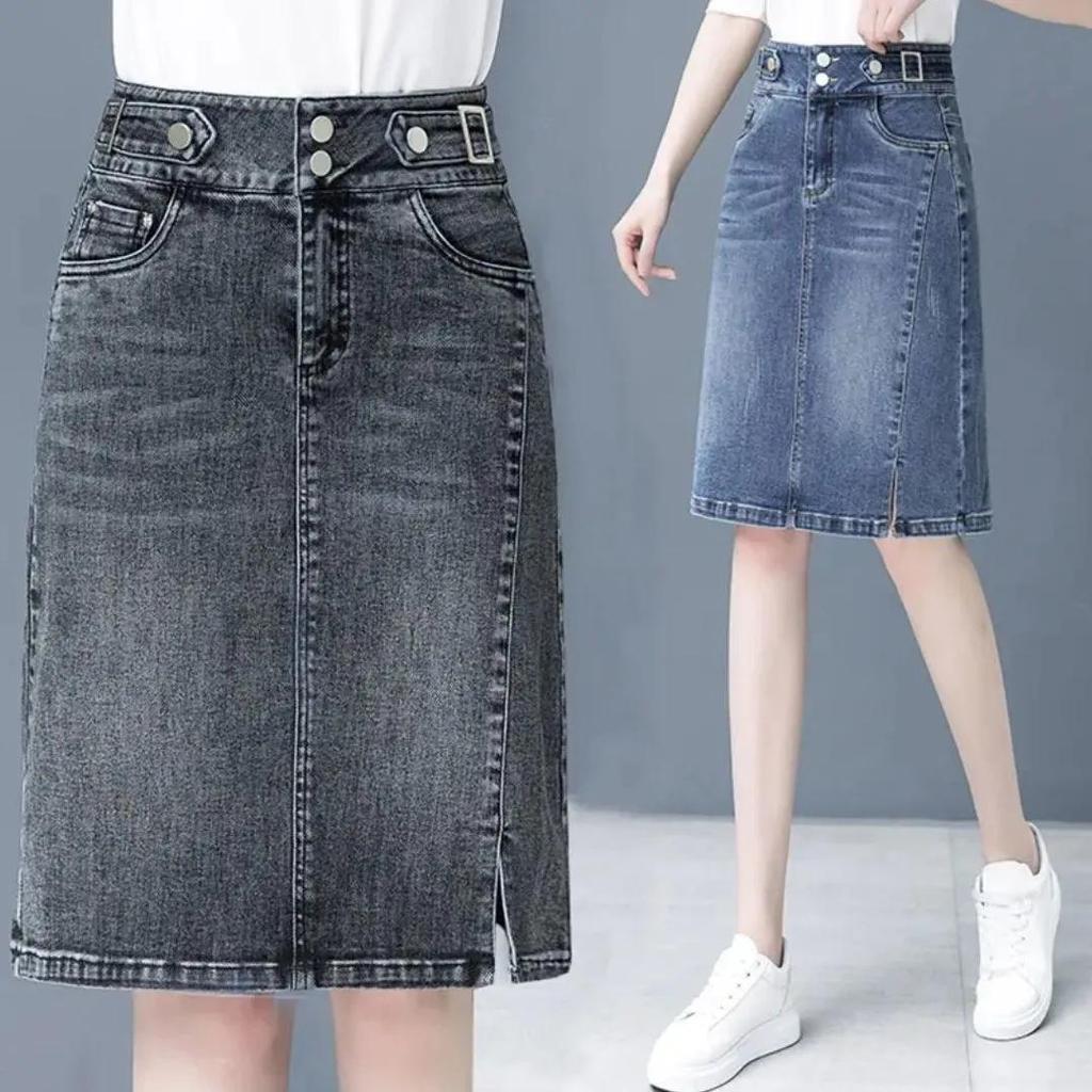 Spring Summer Plus Size Skirt for Women High Waist Large Size Slit Black or Blue Jeans Skirts Korean Slim Femme A-line Skirt