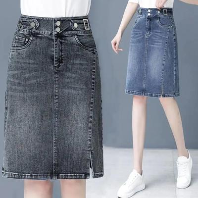 Saia Plus Size Primavera Verão para Mulheres Cintura Alta Tamanho Grande Fenda Jeans Preto ou Azul Saias Coreanas Slim Feminina Saia Evasê