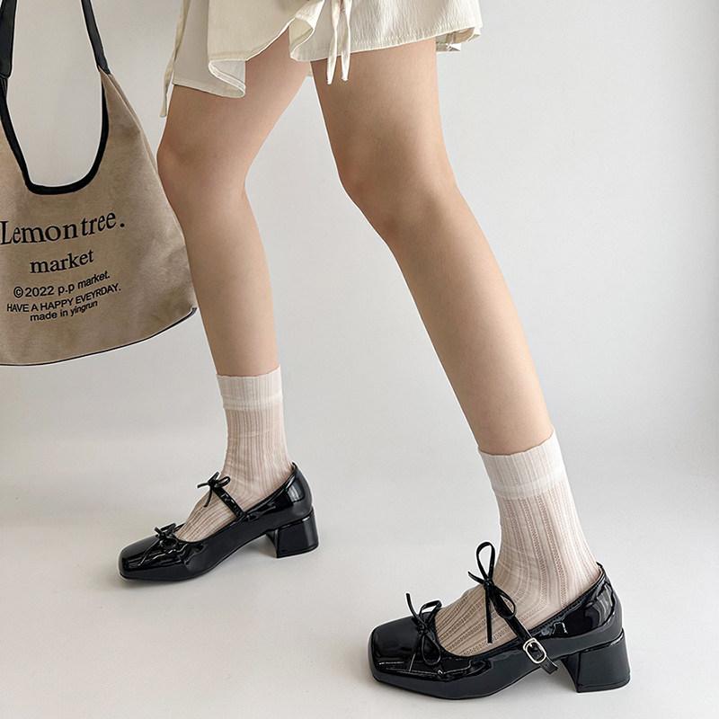 New Spring Autumn Women Mary Jane Shoes Fashion Butterfly-knot Shoes Street Style Casual Thick Heel Dress Leather Pumps