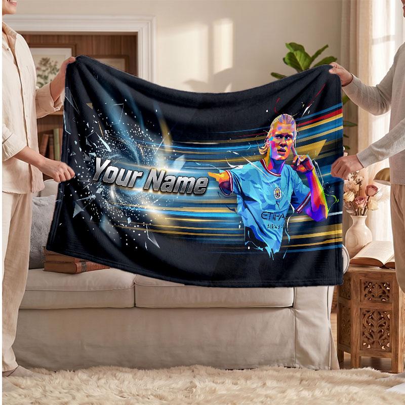 Erling Haaland Personalized Fleece Blanket With Football Logo, Custom Name Text Soft Warm Home Throw Blanket