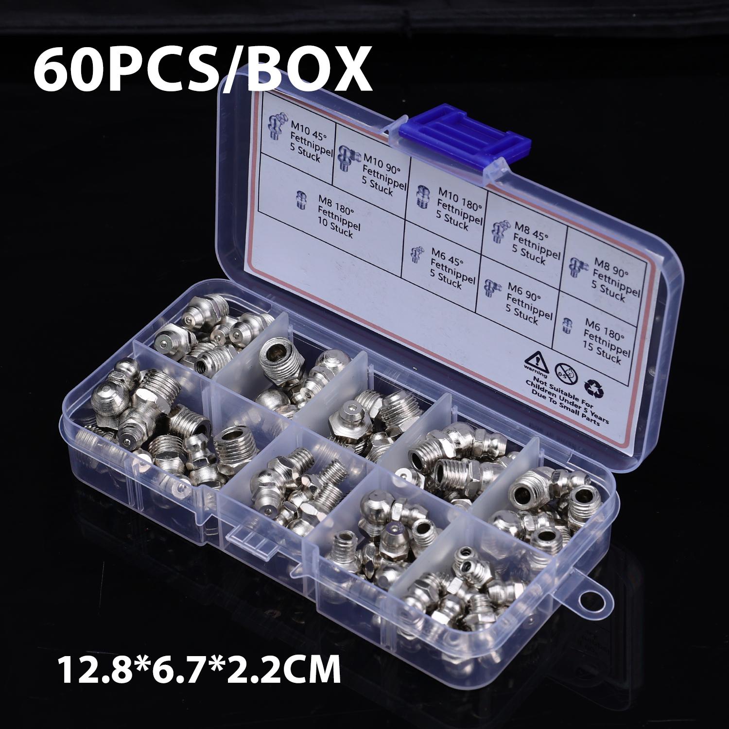 

60Pcs Metric Grease Fitting Kit 9 Type Galvanized Metal Hydraulic Grease Zerk Assortment Set M6 M8 M10 Vehicle Nozzle Fuel срібний