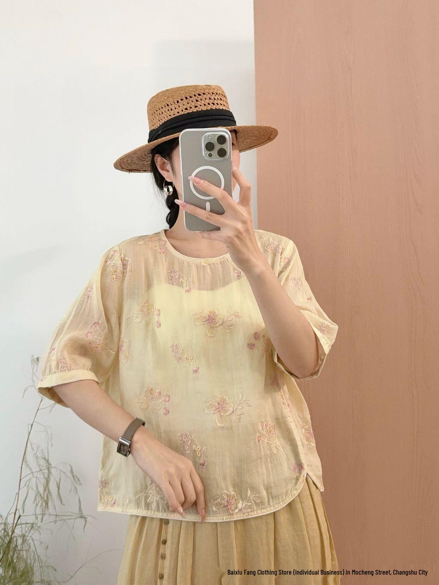Women s Retro Linen Embroidered Short Sleeve Top with Round Neck & Oblique Placket - Summer 2026 Collection One Size