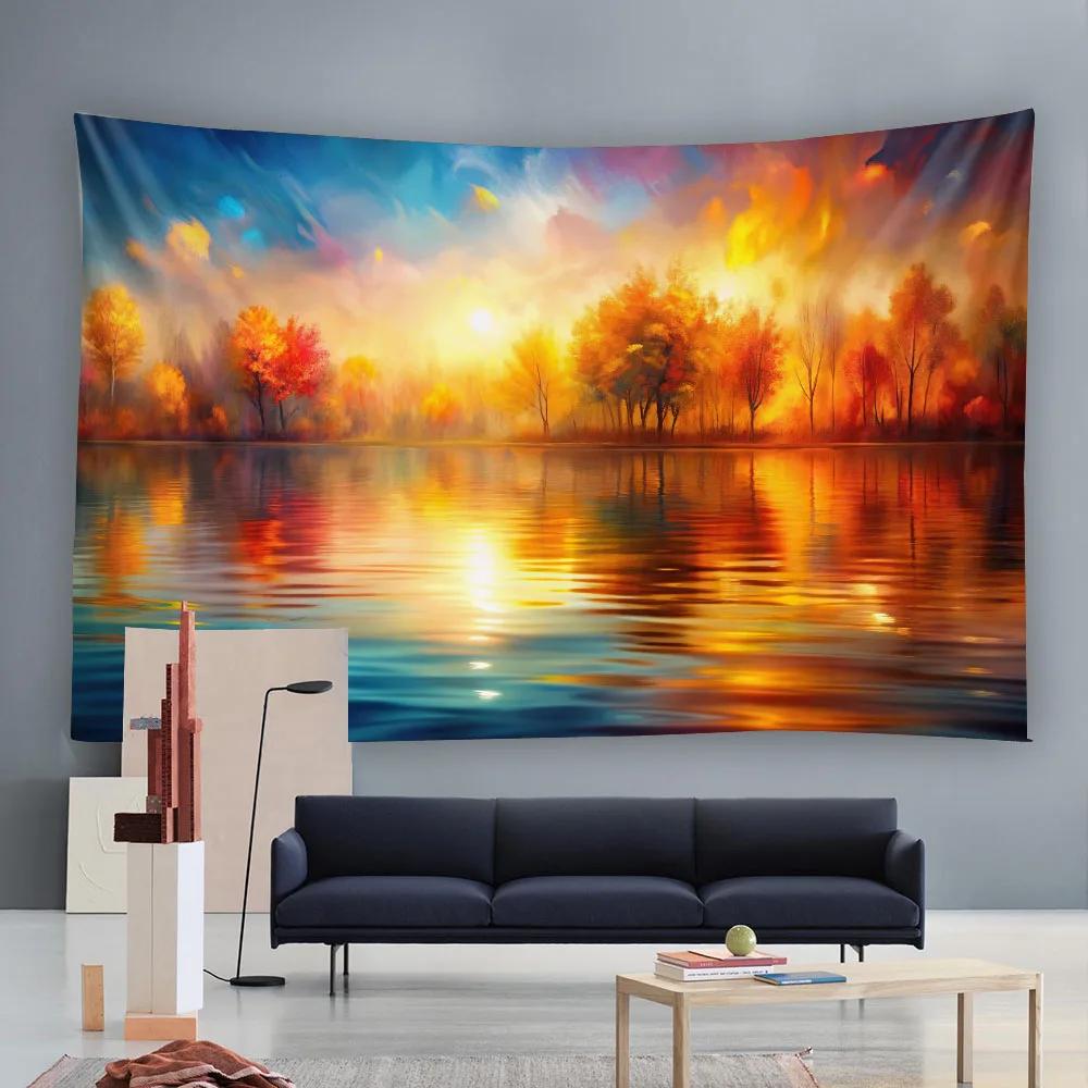 Sunrise Brilliant Lake View Oil Painting Tapestry Gradient Sea Boat Motif for Living Room Featured Wall Fabric Mural Decoration