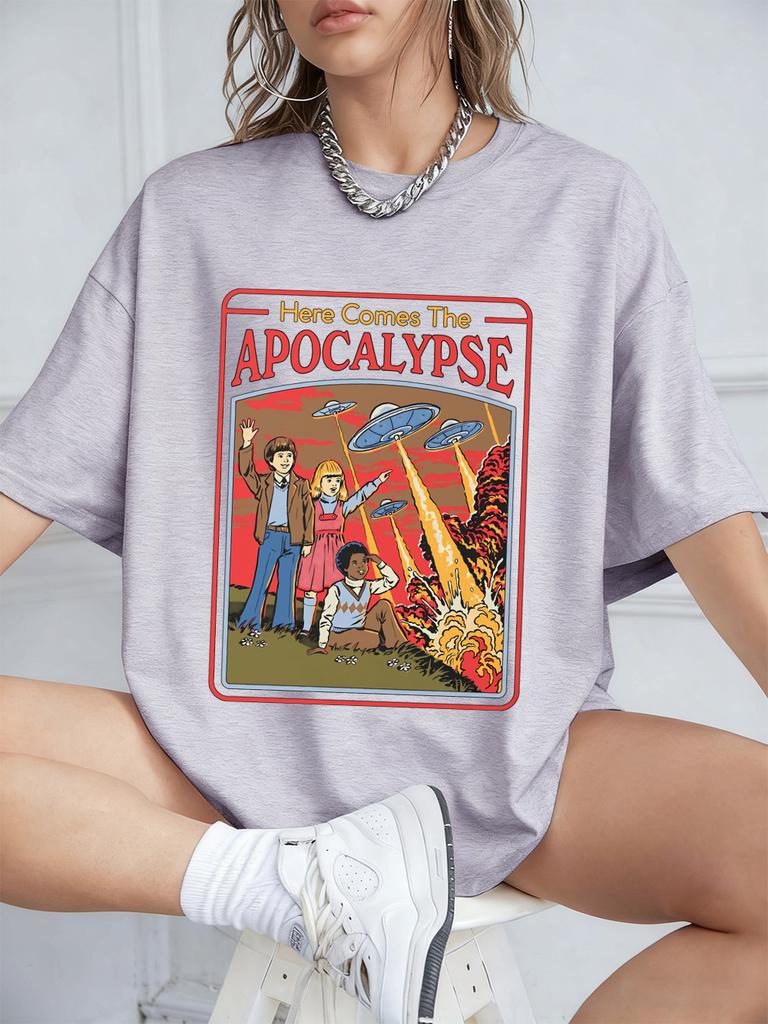 Here Comes The Apocalypse Ufo Prints TShirts Womens Summer Cotton Short Sleeve Tops Loose ONeck Soft T Shirt Street Clothes