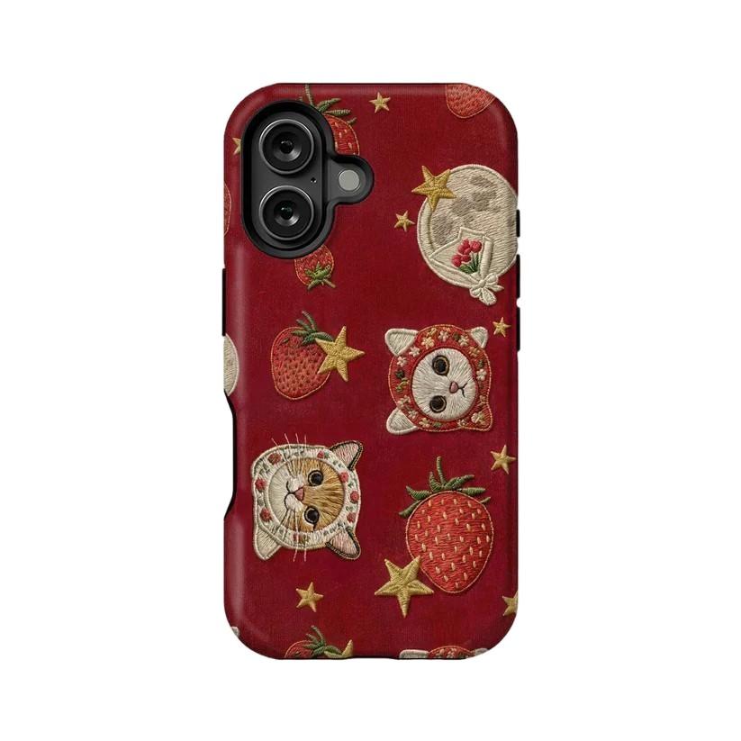 

Luxury Clmj Cute Cat and Strawberry Phone Case for iPhone 17 16 15 14 13 12 11 X XS XR Air Pro Max Plus Double-layer Back Cover iPhone 14
