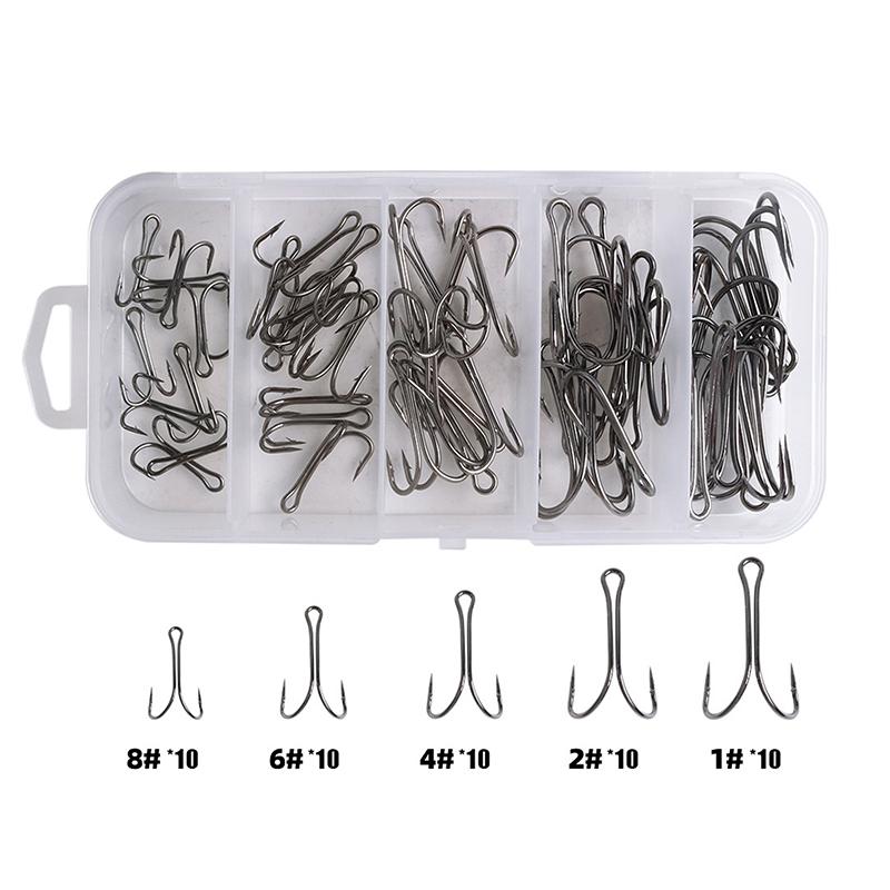 50Pcs/Box Mix Treble Fishing Hooks Kit Treble Hooks Fishhook For Artificial Hard Bait Bass Trout Saltwater Triple Fishing Hooks