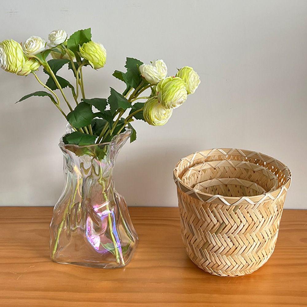Bamboo Weaving Storage Basket Round Sturdy Fruit Basket Yellow Large Capacity Desktop Organizer Basket Sundries Organizer