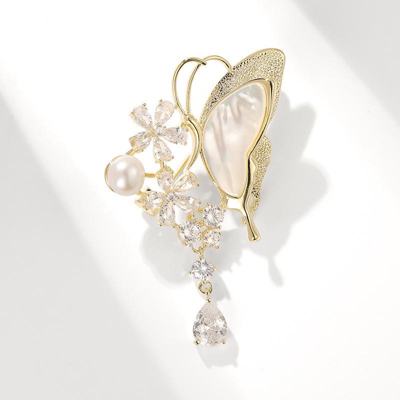 Elegant Mother-of-Pearl Butterfly Brooch with Freshwater Pearl and Zirconia Accents