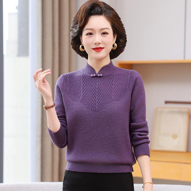 2025 Red Velvet Qipao Collar Sweater for Middle-Aged Women: Year of the Rat Autumn/Winter Collection