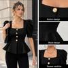 Women's Square Neck Short Sleeve Button Blouse Solid Color Fitted Casual Summer Top