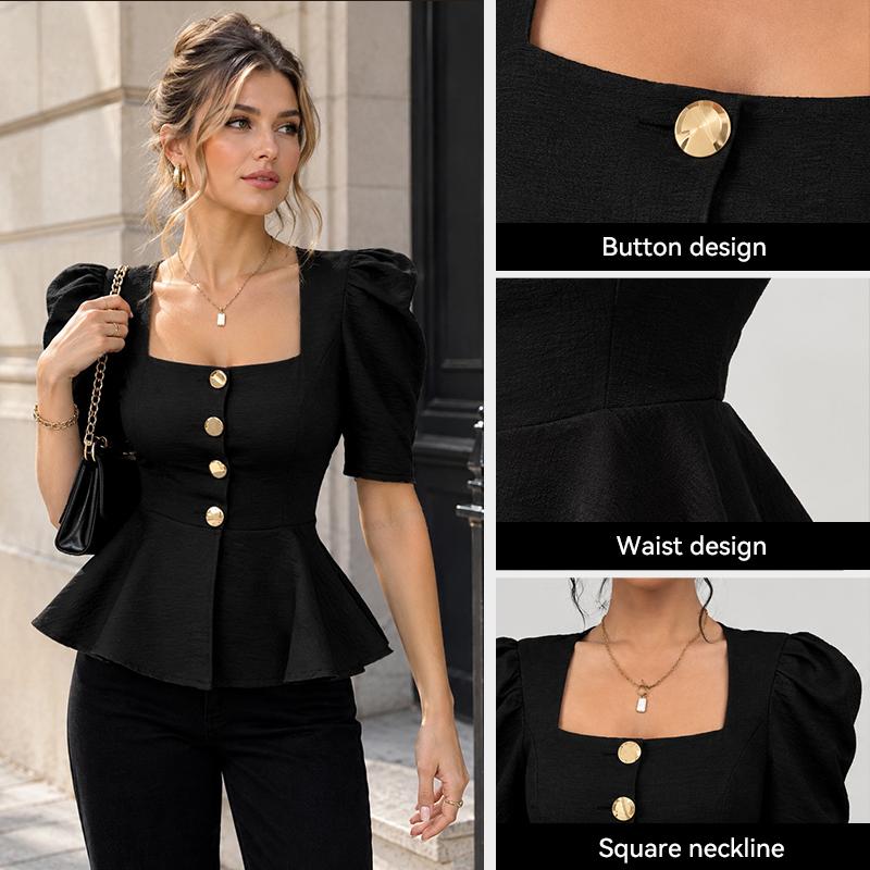 Women's Square Neck Short Sleeve Button Blouse Solid Color Fitted Casual Summer Top