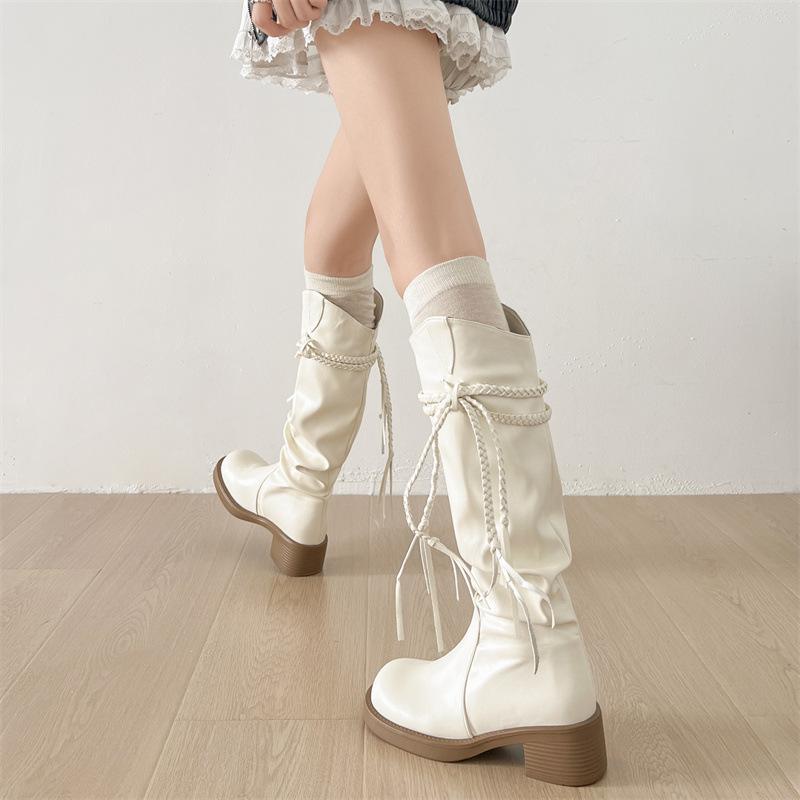 Weiße Retro High-End Plateau-Stiefel Damenstiefel 2025 neu Herbst mit Rock dünne Ritterstiefel