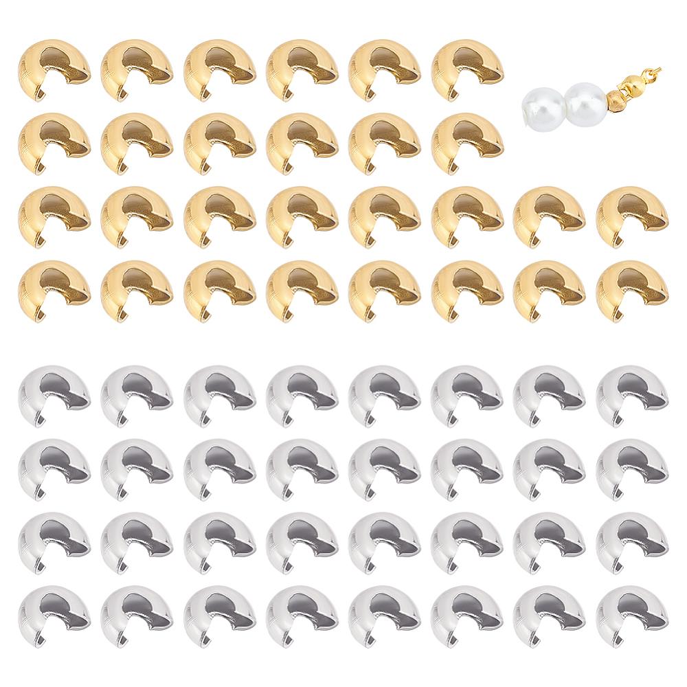 100Pcs 2 Style 304 Stainless Steel Crimp Beads Covers, Golden & Stainless Steel Color, 5~5.5x4~4.5x3.2~4mm, Hole: 1.6~1.8mm, 50pcs/style