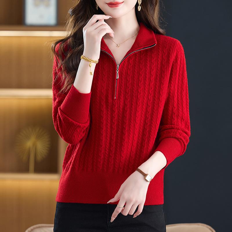 Women's Pure Wool Half-Zip Sweater - Stand Collar, Autumn/Winter Thick Knit for Middle-Aged Women, Petite Base Layer