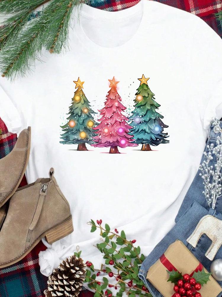 (Asian Size) Tee New Year Holiday tree cute 90s Merry Christmas Top festival Casual Women Print Lady Short Sleeve Fashion Graphic T-shirts