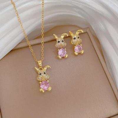 Titanstahl Leichter Luxus Halskette & Ohrringe Set mit Voll-Diamant Hasen Design, Perfekt für Bankette und um den persönlichen Stil zu zeigen.