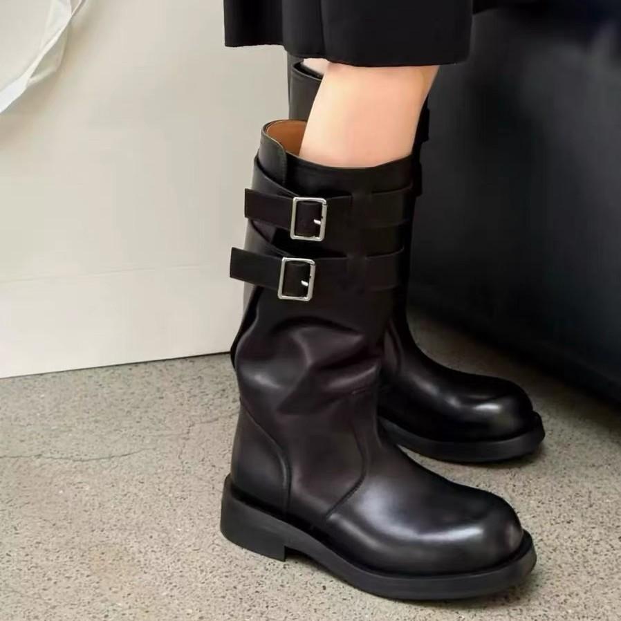 Cowhide Version~ Korean Version of High-end Sleeve Belt Buckle Knight Boots 25 Years Old New Round Head Leather Temperament Locomotive Boots