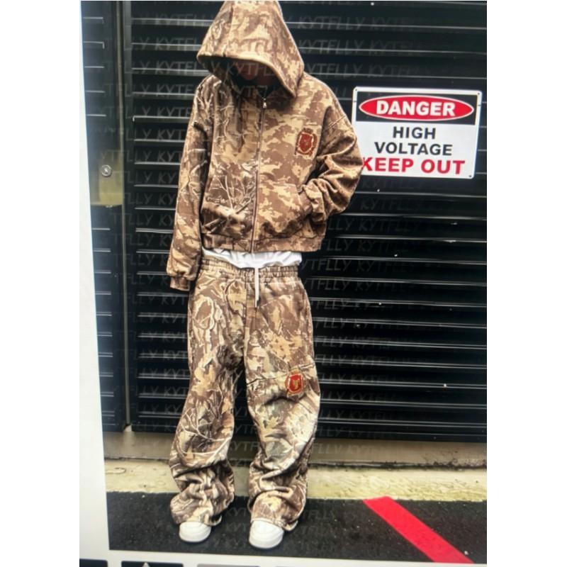 Oversized Y2K Streetwear Hoodie Set With Contrast Camo Print Loose Fit Sweatshirt Straight Leg Pants Teens