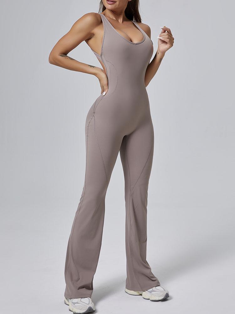 Premium Women's Yoga Suit - Peach Hip-Lifting One-Piece with Flared Pants
