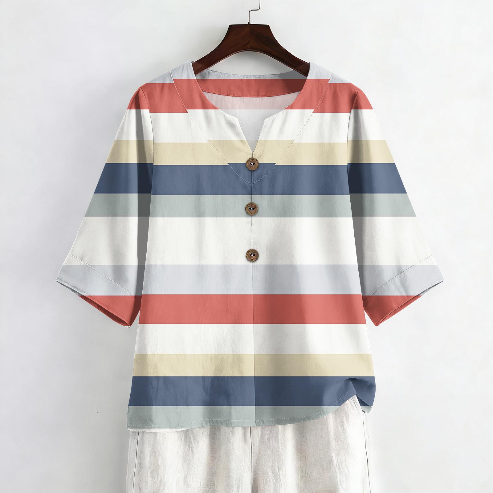 

Women s Summer Fashion V-Neck 3/4 Sleeve Shirt Casual Loose-Fit Striped Print Top S