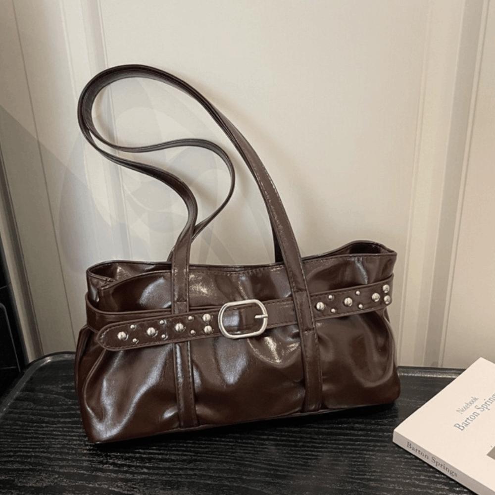 Rivet Belt Buckle Underarm Bag Shiny Tote Bag Trendy PU LeatherShoulder Bag For Women