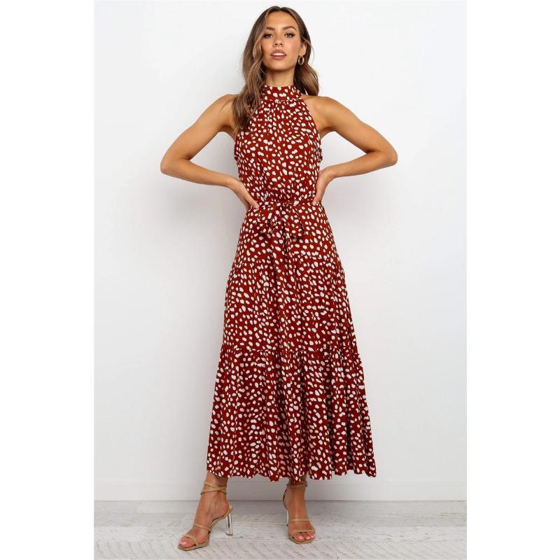 Women's Hanging Neck Polka Dot Printed Tie Dress Long Long Dress