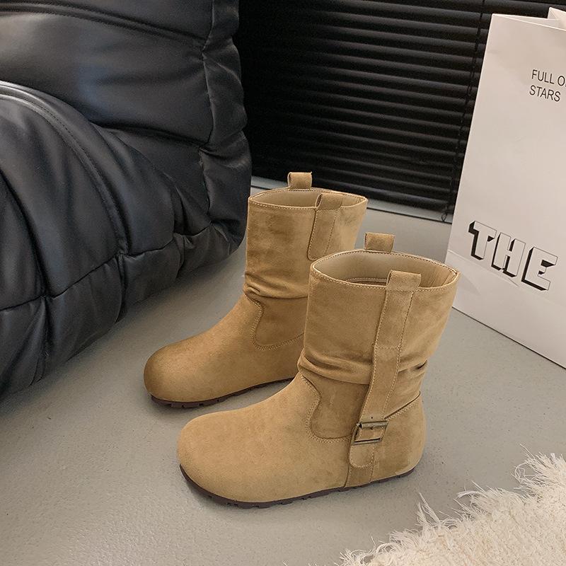 Retro design round head sleeve thin short boots women's autumn new niche versatile flat-bottomed fashion boots