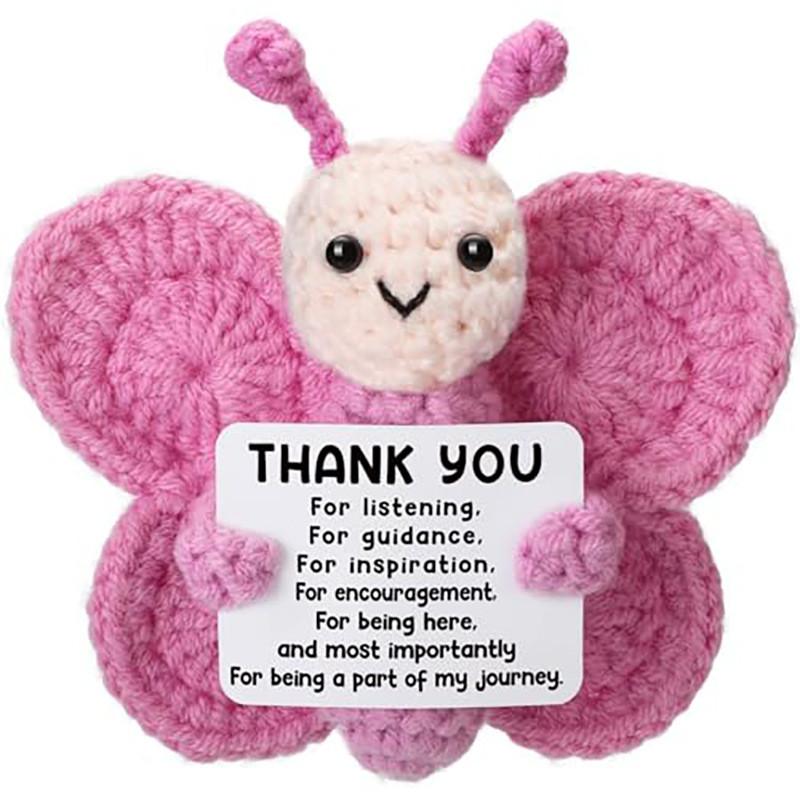 Pink Butterfly Positive Crochet Animals Doll With Card Desktop Ornament Emotional Support Handmade Knitted Cheer Up Toy