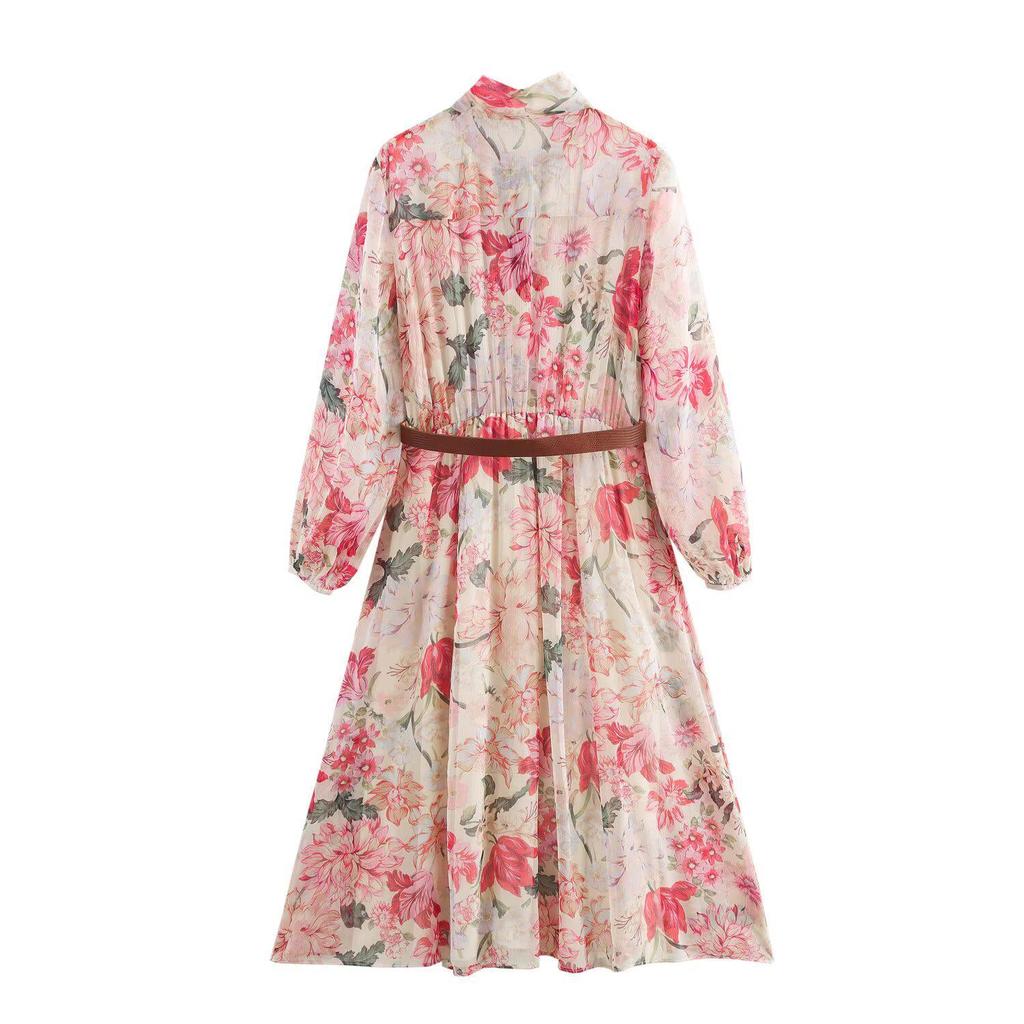 Spring 2025 Women's Floral Print Dress with Belted Tie Neckline
