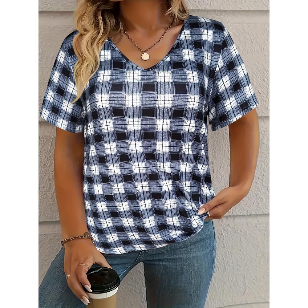 Plus Size - Plus Size - Directional Style Plus Size Casual Top, Women S Plus Size Patchwork Print Short Sleeve V-Neck Stretch Blouse S