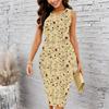 Women Plus Size Crew Neck Sleeveless Midi Dress Bright Ethnic Circular Floral All Over Print Bodycon Dress
