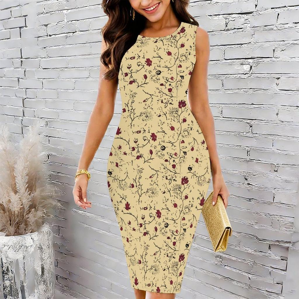 Women Plus Size Crew Neck Sleeveless Midi Dress Bright Ethnic Circular Floral All Over Print Bodycon Dress