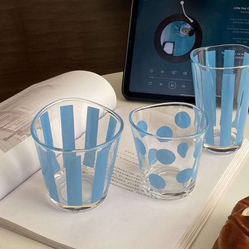 Homemade Retro Small Fresh Glass, Blue Striped Polka Dot Irregular Water Cup Milk Cup Niche Simple