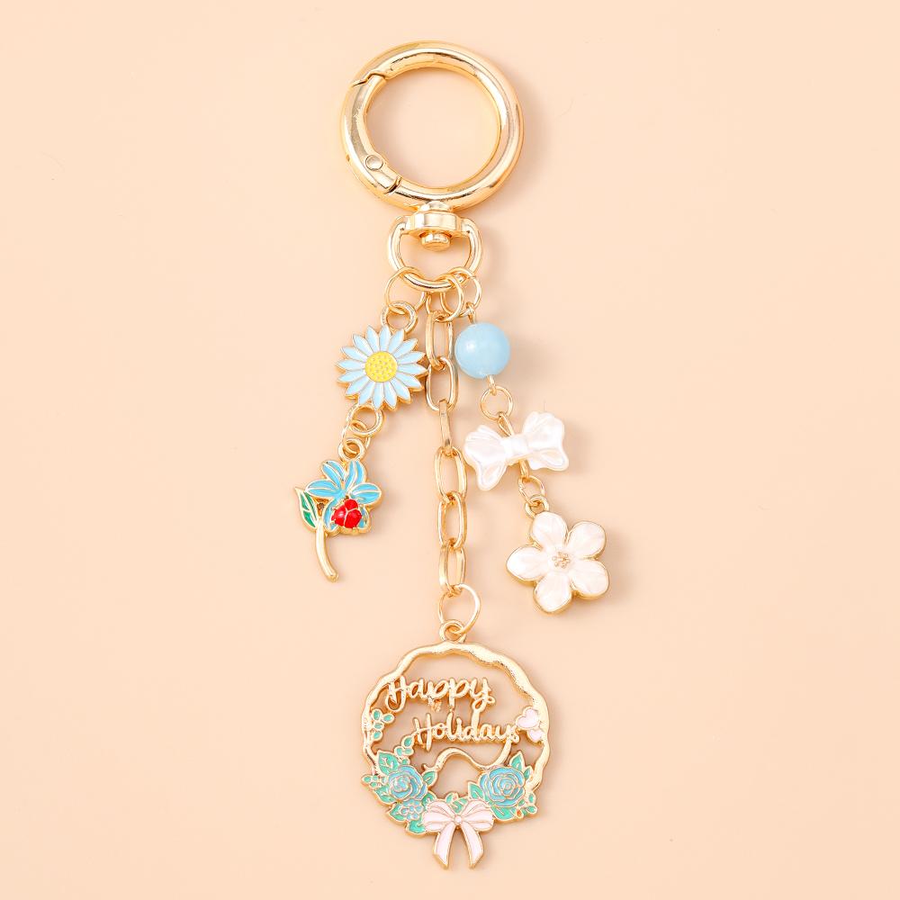Cute Enamel Flower Butterfly Keychain Women Girls Beads Pearl Key Ring Pendants for Handbag Decor DIY Handmade Jewelry Gifts