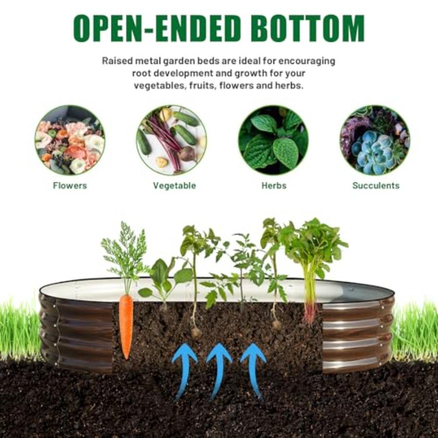 2 Pcs 6x3x1ft Raised Garden Bed Kit Outdoor Oval Metal Garden Planter Ground Planter Box for Gardening Vegetables Flowers Brown