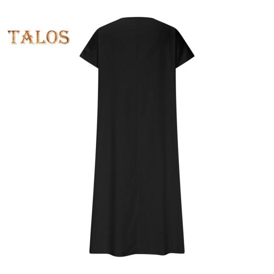 Damekjole i bomull og lin, avslappet, kortermet, v-hals, lang kjole, sommer, strand, ferie, swing, sommerkjole