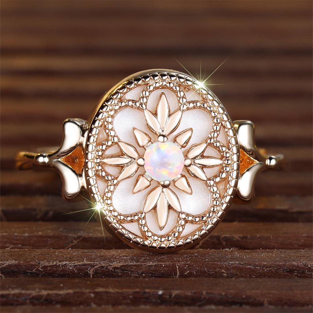 Trendige Blumen-Weißopal-Ringe mit runden Steinen für Damen, Vintage-Goldfarbe, Verlobungsringe, Hochzeits Schmuck, Vielseitige Brautgeschenke