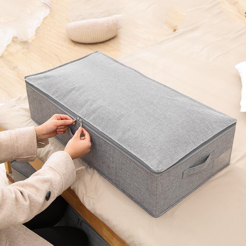 Foldable Cotton Linen Bed Base Storage Box with Lid and Zipper - Moisture-Proof Large Organizer
