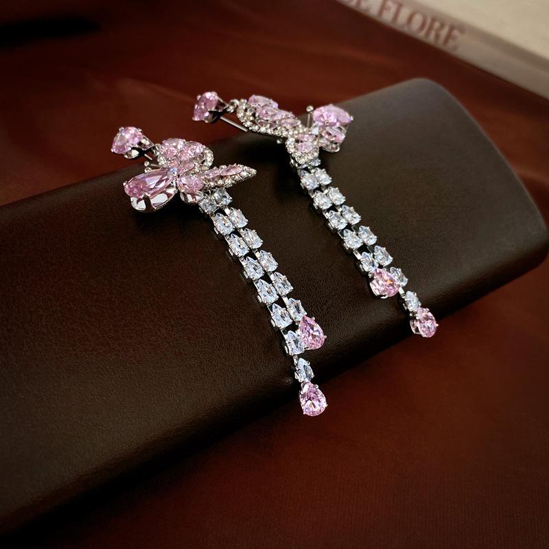 Elegant Zircon Butterfly Teardrop Tassel Silver Earrings - Light Luxury Style for Women