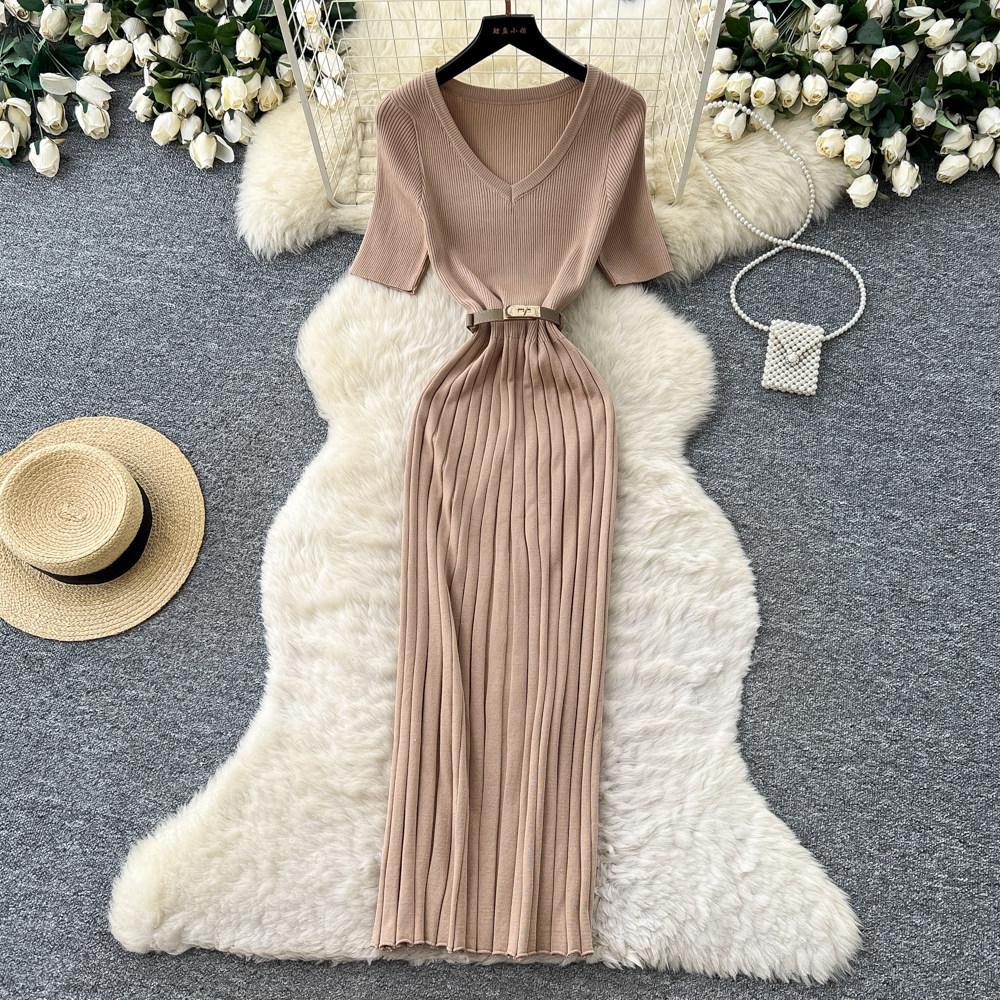 V-neck Knitted Dress Women's Summer Waist Slim-fitting Hip-wrapped Long Dress Commuter Elegant Temperament Skirt