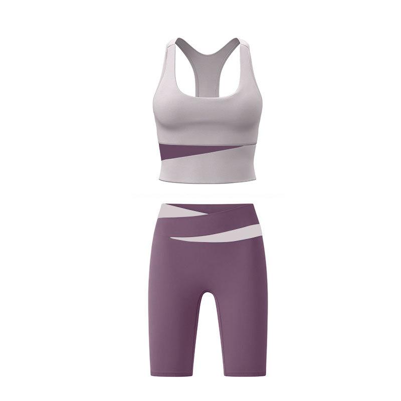 Elastischer Kontrastfarben-Yogazug Damen Neu Atmungsaktives Schnelltrocknendes Tanktop Hohe Taille Bauch Fitness-Shorts Sportanzug