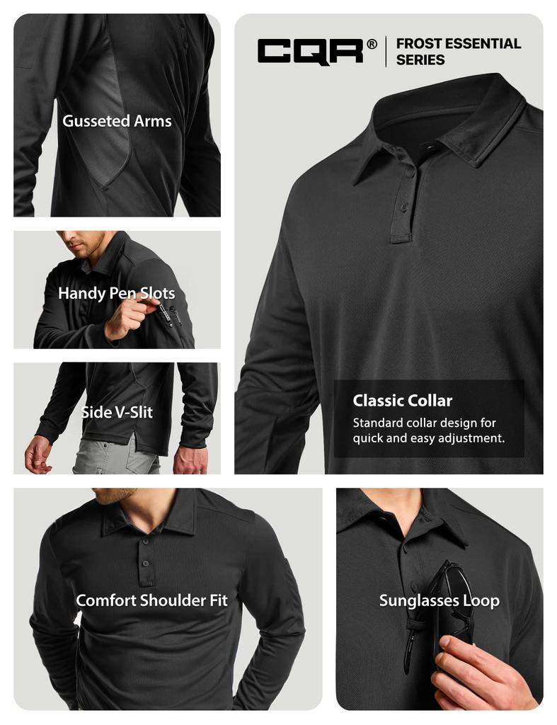 CQR Long Sleeve Polo and Perfect for and Everyday Plus Sizes Men's Shirt, Moisture-Wicking, Quick-Drying, Breathable, Golf, Work, Tactical, Sports,