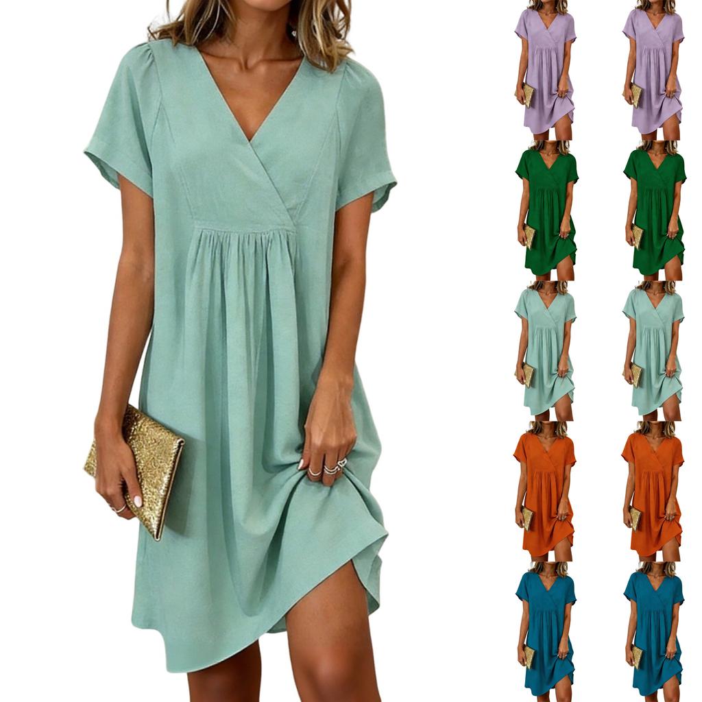 Women's -color Cotton And Linen V-neck Short-sleeved Dress