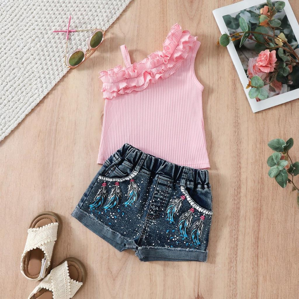 Girls Asymmetric Ruffle Cami + Printed Denim Shorts Two-Piece Set